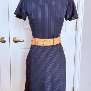 ANTONIO MELANI Navy Striped Midi Dress with Tan Cork Belt